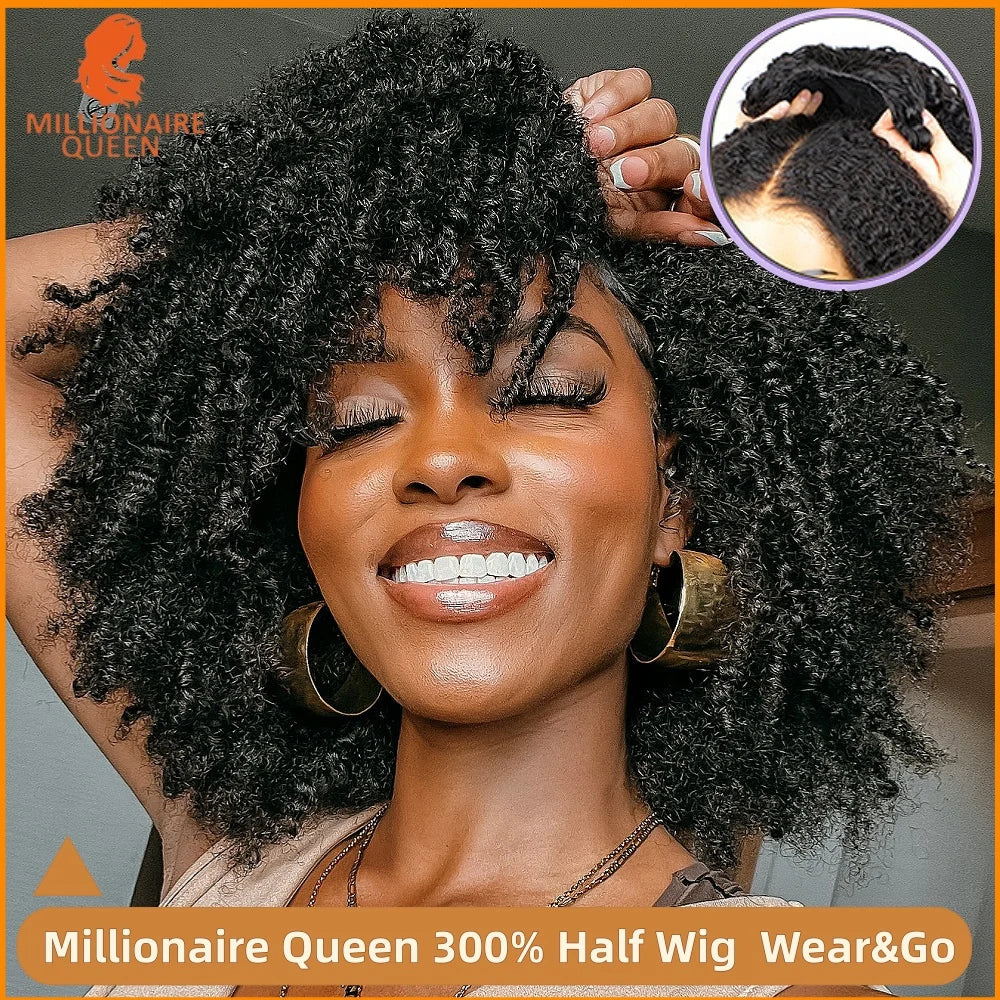 300% Millionaire Queen Half Wigs Wear and Go Beginner Friendly Headband Wig Pixie Curly Half Wig Clip Ins Flip Over Glueless Wig