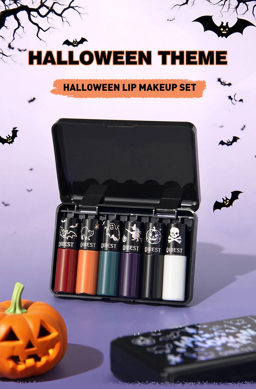 QIBEST Halloween Lipgloss Makeup Sets Matte Liquid Lipstick Waterproof Red Lipgloss Black Purple Orange Non-Stick Cup Lipstick