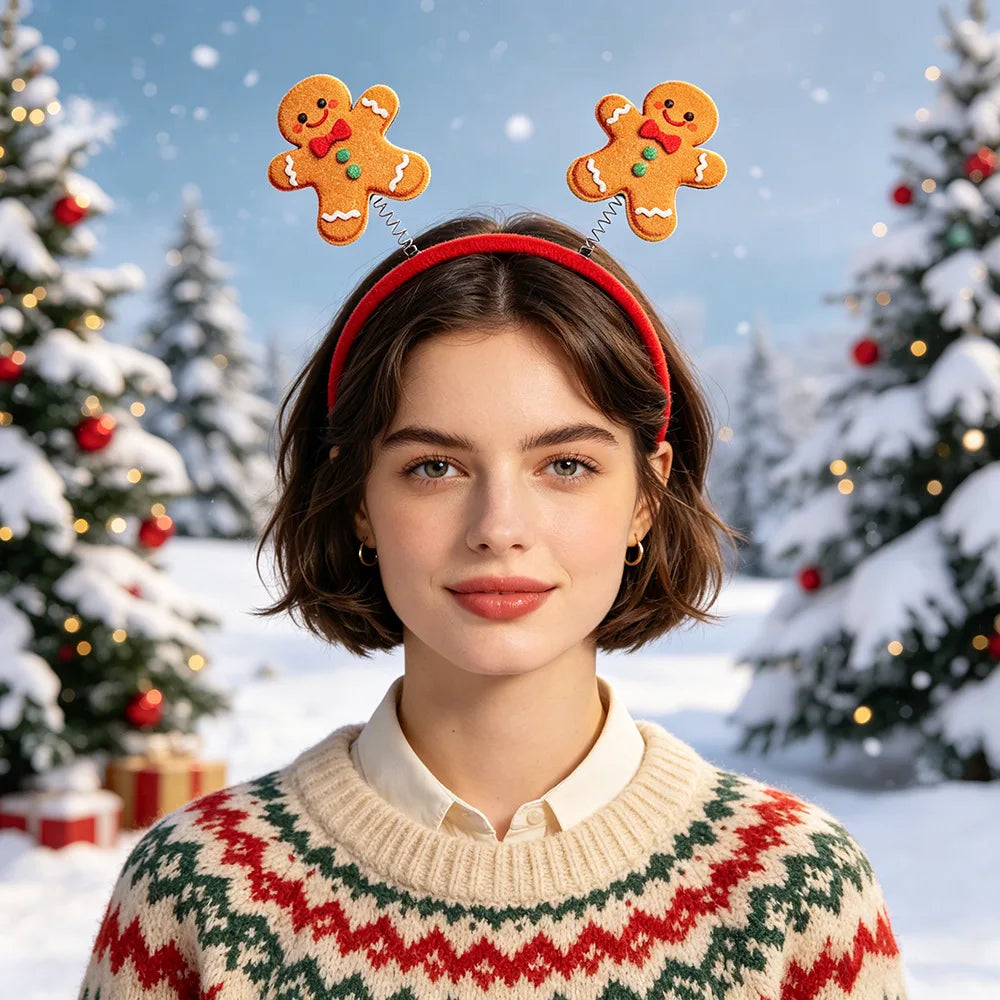 3D Flat Snowman Reindeer Christmas Headband with Antler Bow Hair Clip Festive Christmas Decoration Headwear for Parties