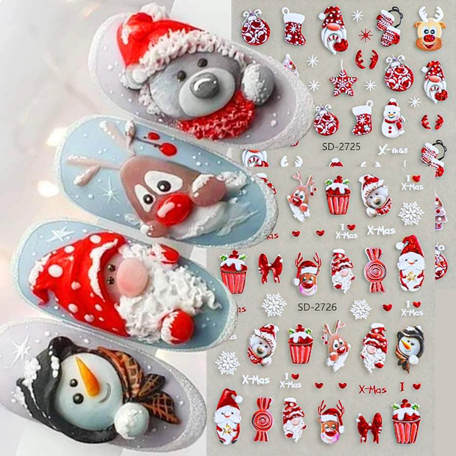 2 pcs Christmas Series Nail Stickers Cartoon Santa Claus Snowman Deer Bear Penguin Nail Decals Winter Xmas Holiday Nail Supplies