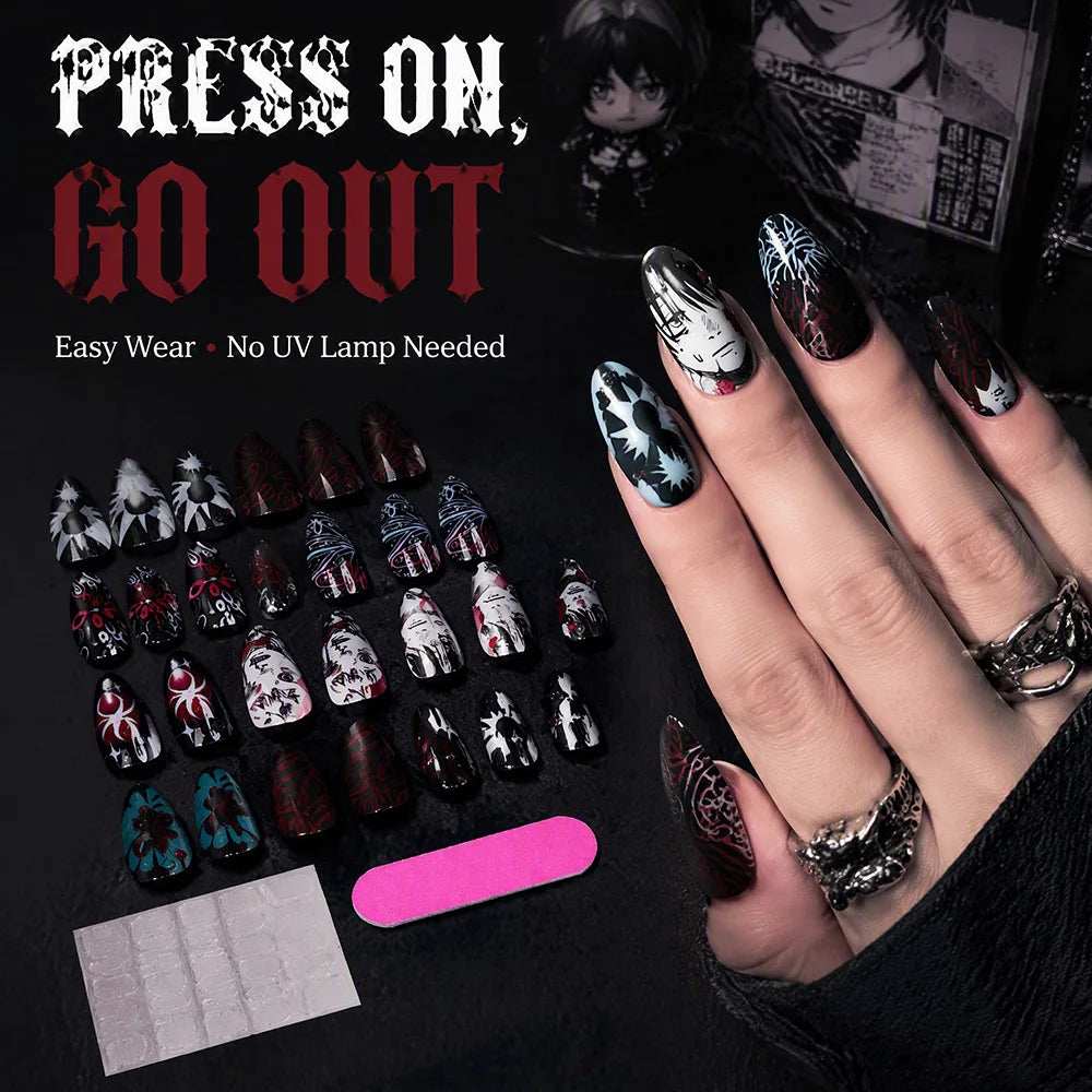24Pcs Gothic Anime Press On Nails Black Red Almond Oval Fake Nails with 3D Rhinestone Spider Flower for Y2K Halloween Party Wear