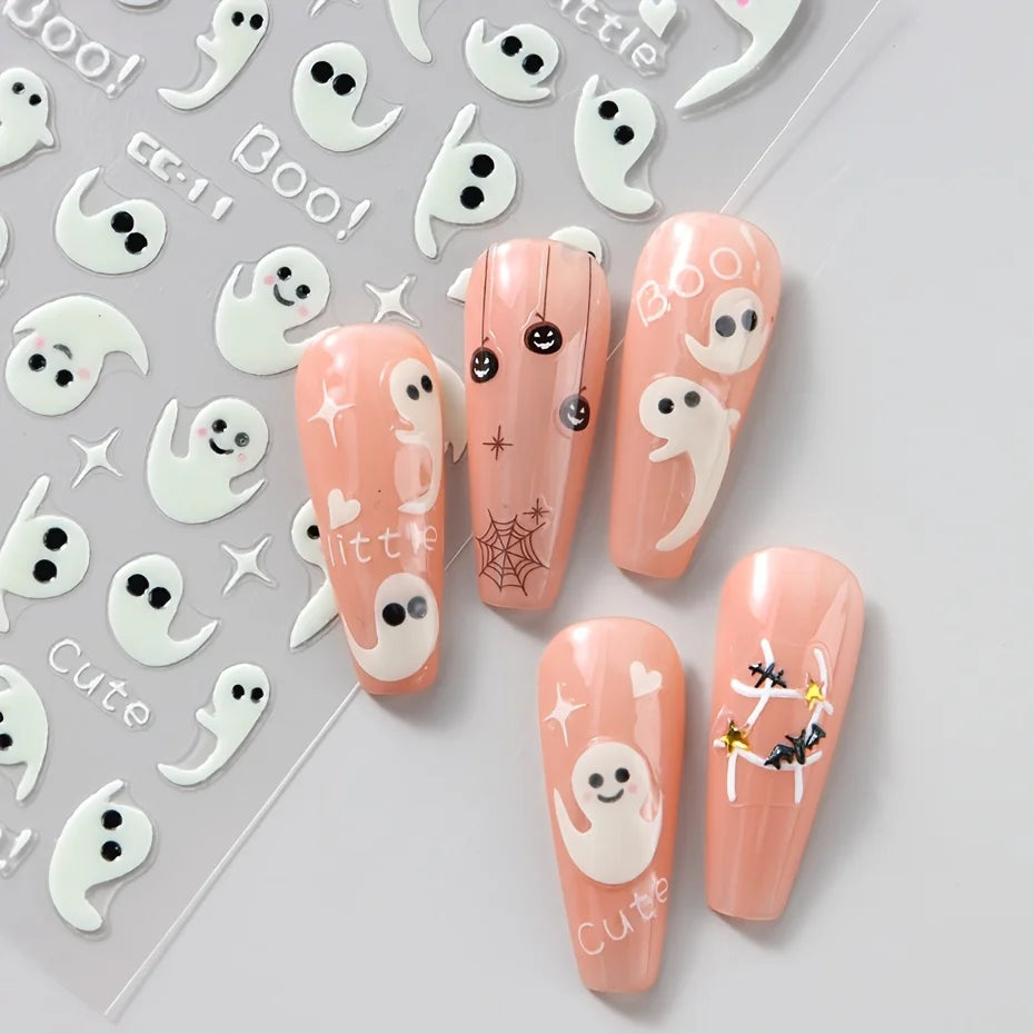 Halloween Nail Stickers - 3D Glow in Dark Cute Ghost Design Luminous Self Adhesive Nail Decals for Halloween