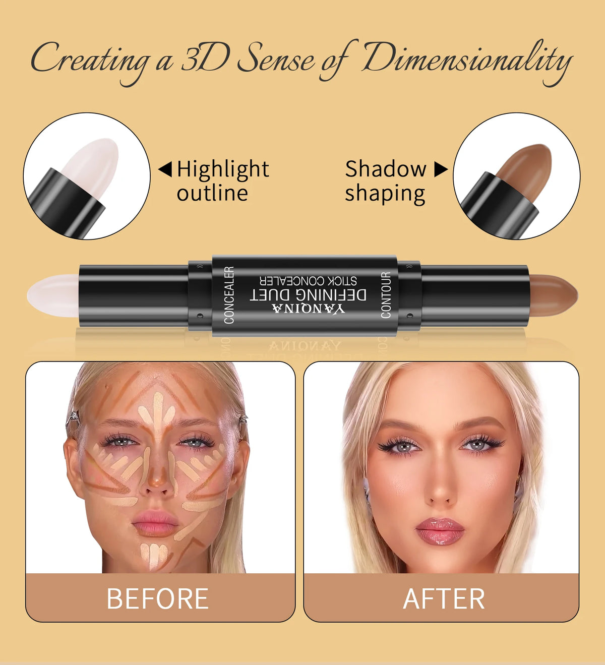 Contour Stick Duo, Double-Ended Highlight and Shadow Cream, Waterproof Full Coverage Concealer, Natural Finish Makeup for All Sk