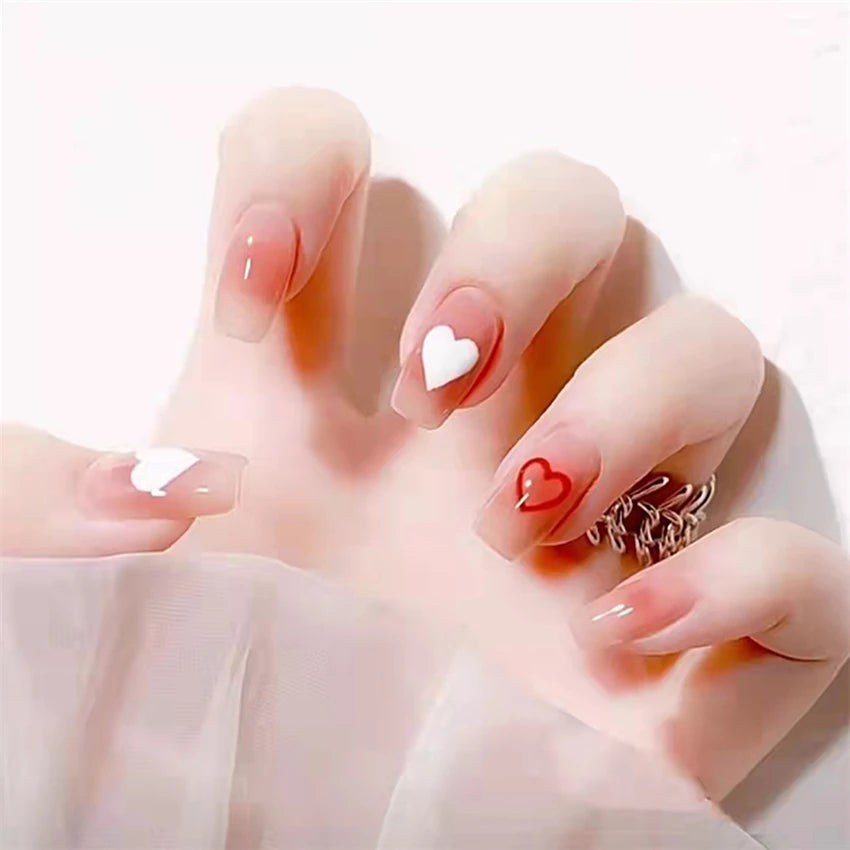 24 Pcs/Set Valentine's Day Long Almond Fake Nails Shape Novelty Pearl Bow Love Press on Nails Art Full Cover Stick-on Nails Tips