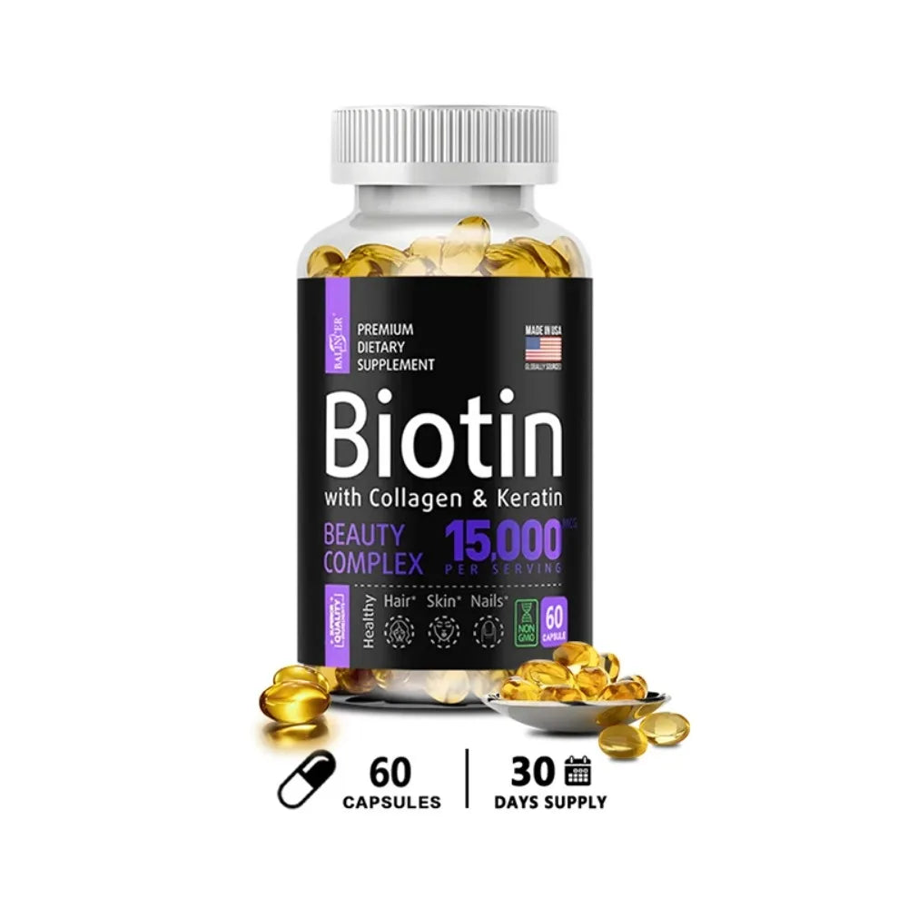 Biotin with Collagen & Keratin - Hair Growth Supplement for Women & Men, 15000 Mcg, Healthy Nails & Skin, 120 Capsules
