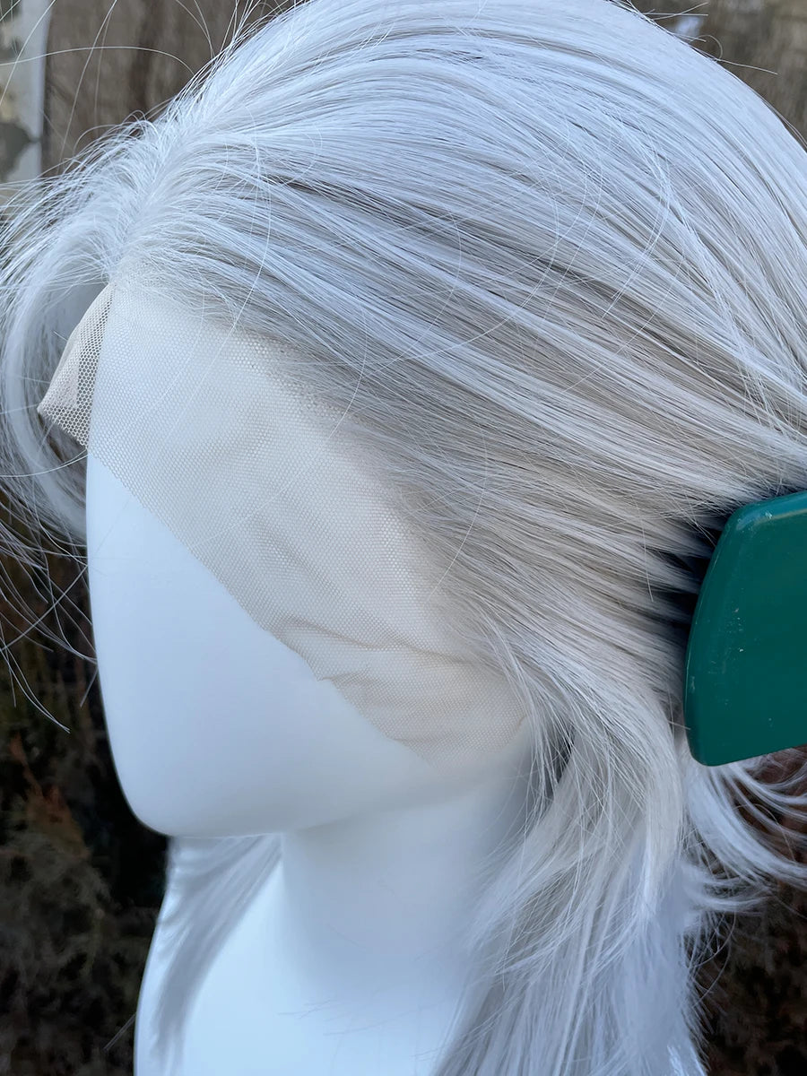 Sliver Gray 13x4 Synthetic Lace Front Wig for Women Cosplay Shoulder Length Mullet Synthetic Wigs Layers Ponytails Glueless Wigs