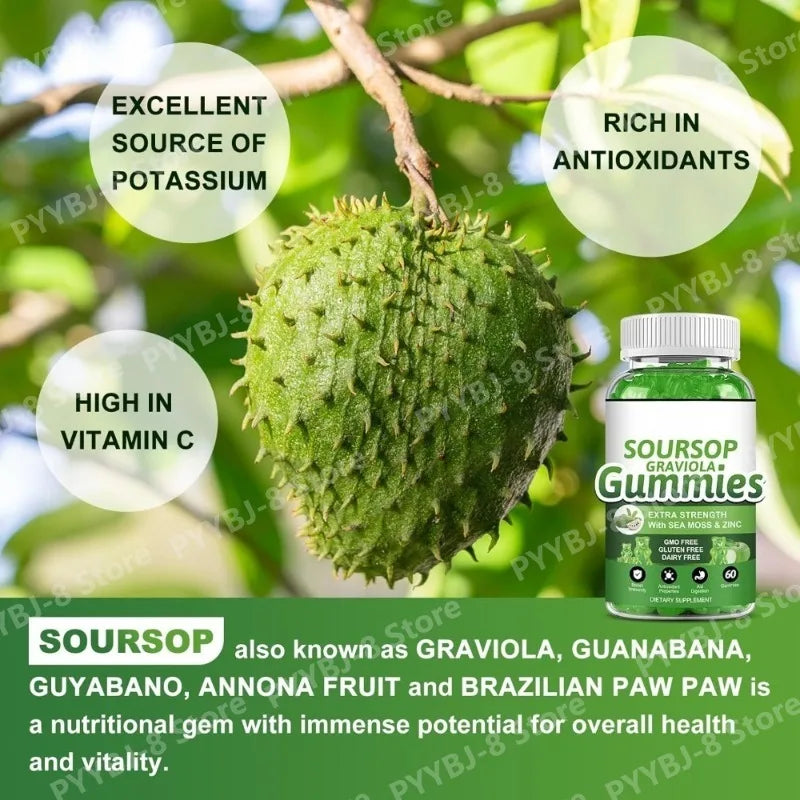 Soursop Graviola Gummy with Soursop Leaf Extract Sea Moss and Vitamin C Enhance The Immune System and Assist Digestion 60 Count