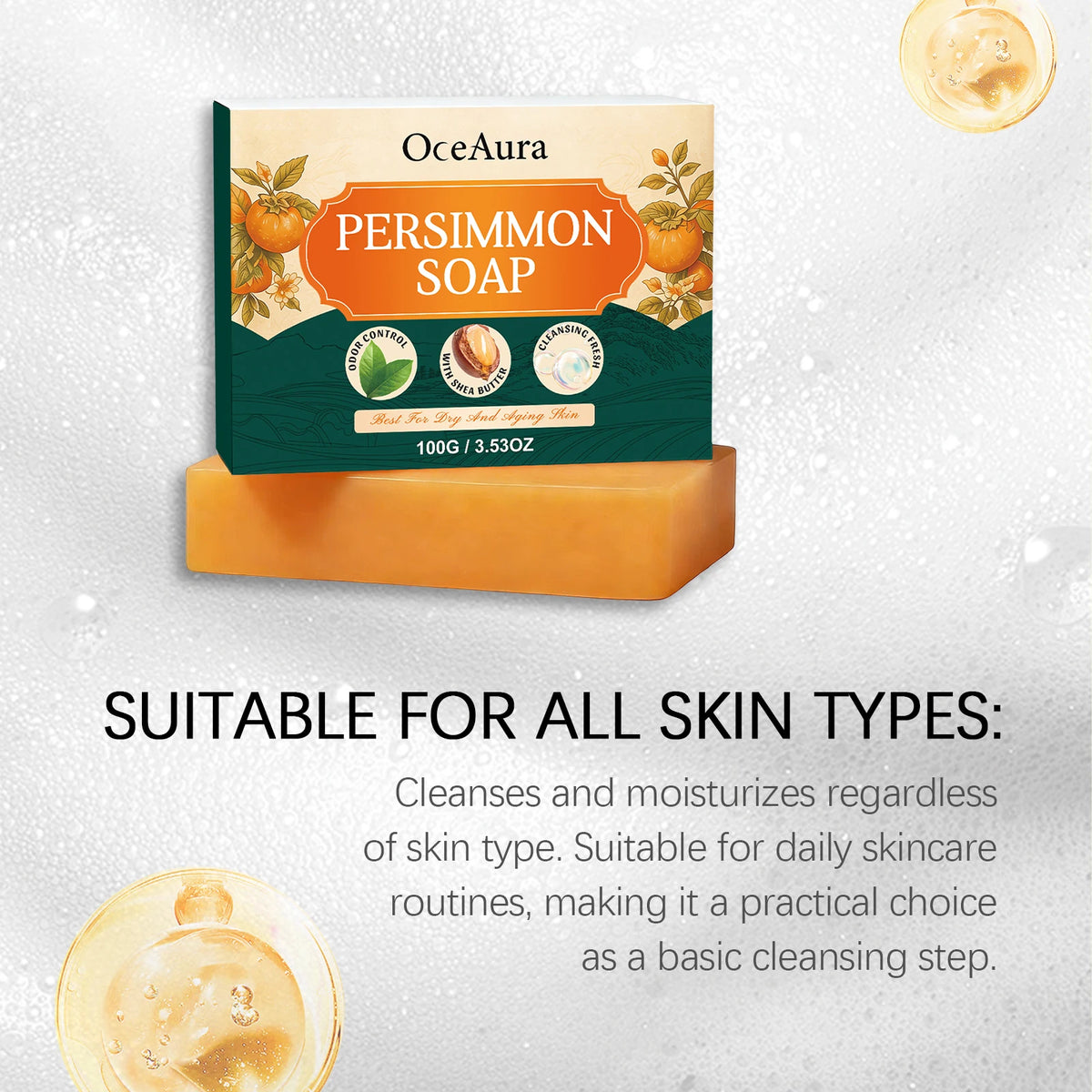 OceAura Persimmon Soap Bar Gentle Body Cleanser Moisturizing Nourishing Refreshing Smooth Skin Daily Bath