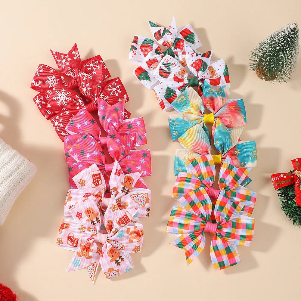 12Pcs Christmas Bow Hair Clips Set Printed Grosgrain Ribbon Pinwheel Bow Barrettes Little Girls Xmas Holiday Hair Accessories