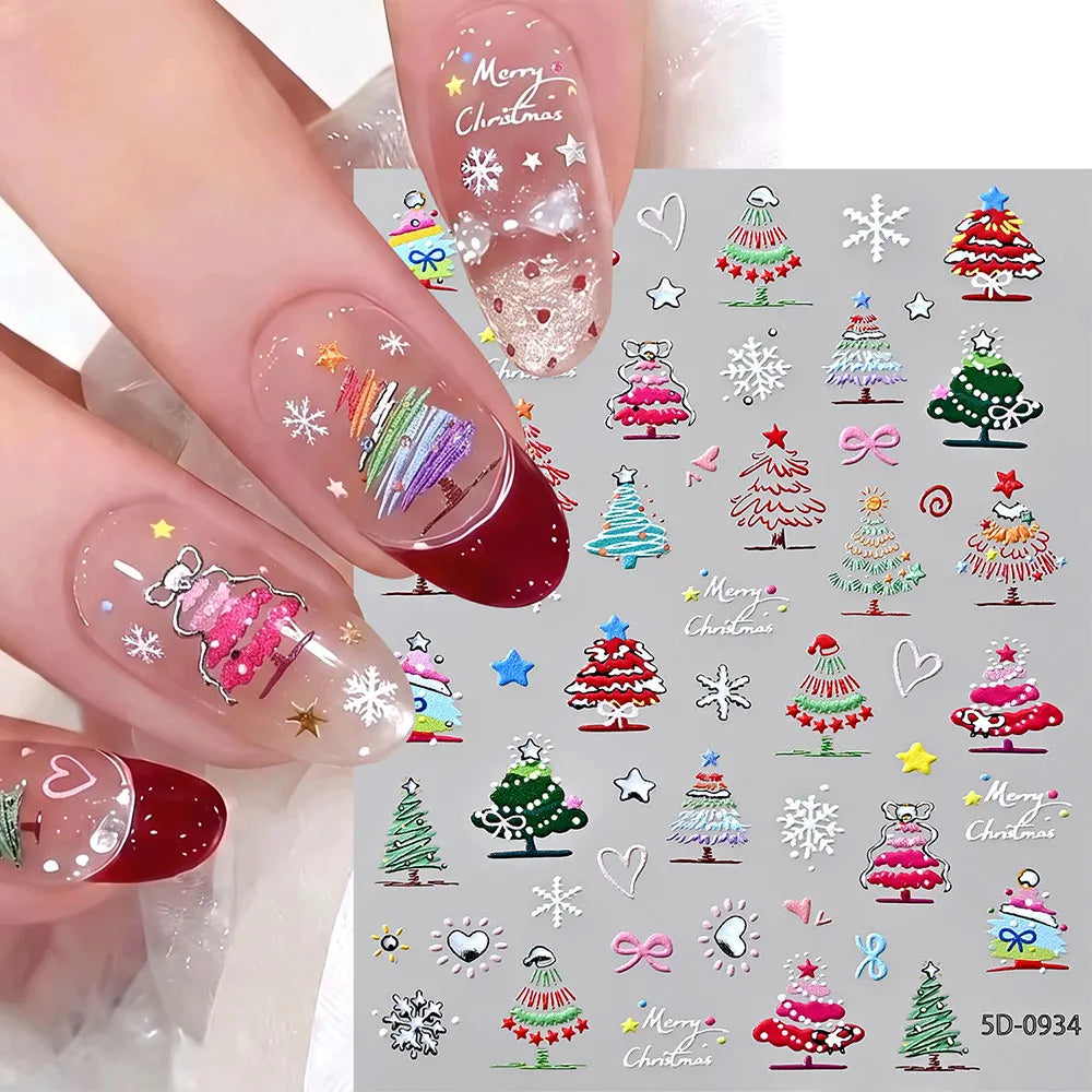 5D Embossed Gold Castle/Garland/Christmas Tree Nail Stickers White Snowflakes Bow Star Nail Decals Self-Adhesive Xmas Nail Decor