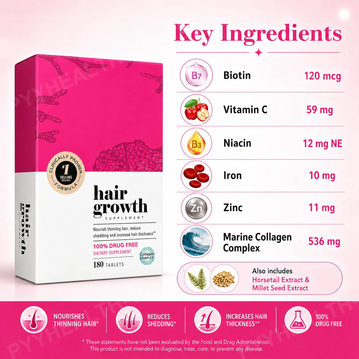 Hair Support Supplements for Women, Thicker Fuller-Looking Hair Beauty Support, with Biotin and Marine Collagen, 180 Tablets