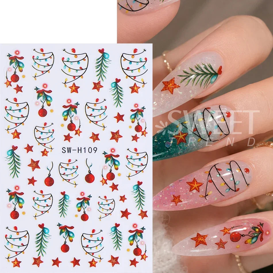 3pcs Glow In The Dark Christmas Light Nail Stickers String Lights Xmas Tree Star Adhesive Nail Decals DIY Manicure Decoration