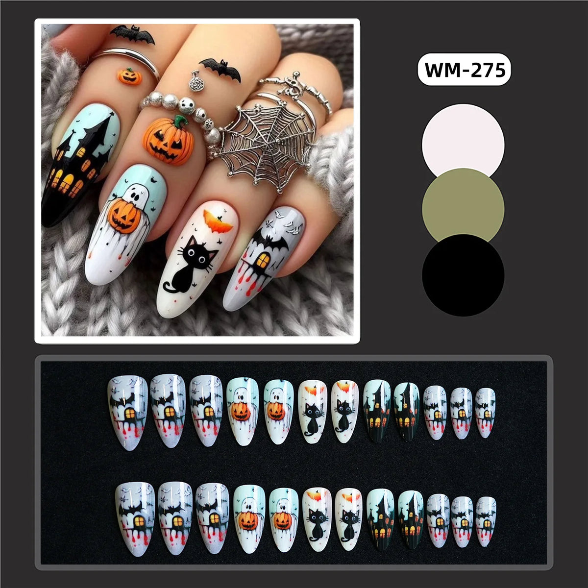2025 Halloween False Nails European Ghost Witch Pumpkin Almond Fake Nails Tips Wearable Detachable Press on Nails for Women