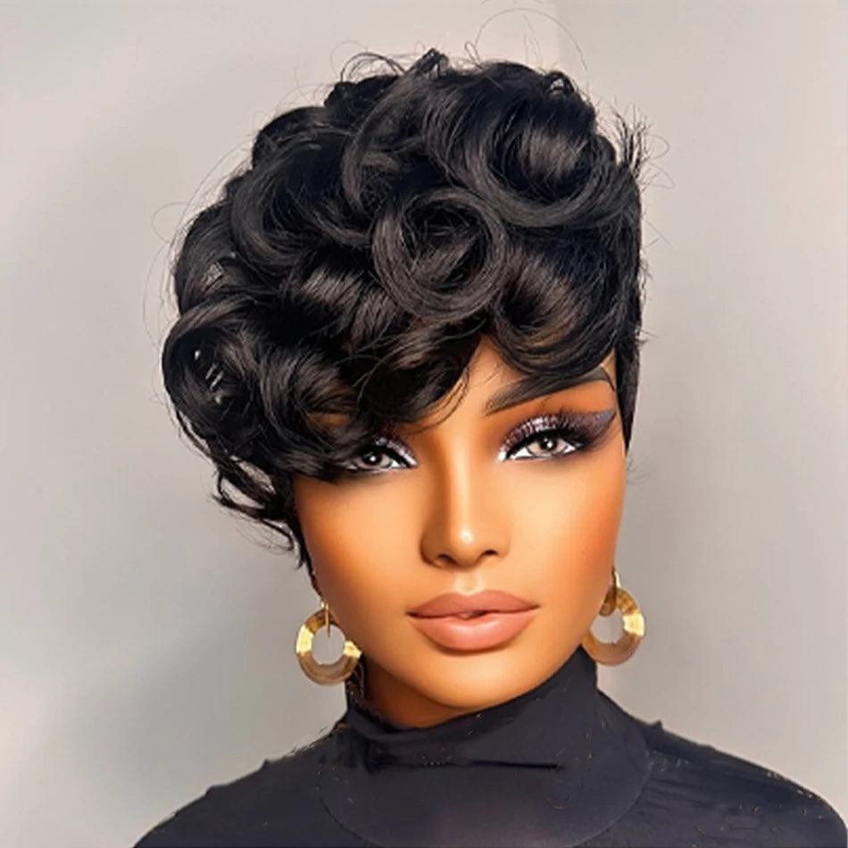 Pixie Cut Human Hair Wig for Women 6" Layered Short Loose Curly with Bangs 180% Density Remy Brazilian Hair Rose Net Cap