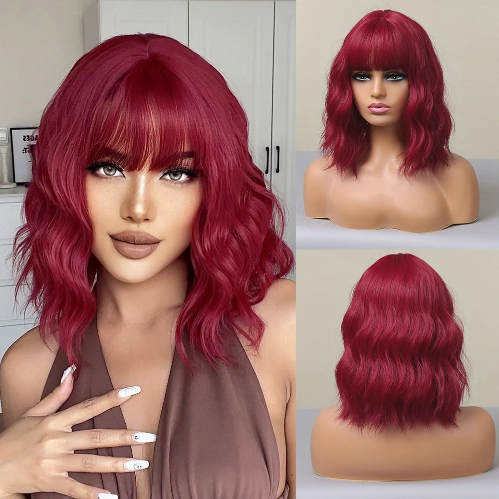 EASIHAIR Short White Bob Synthetic Wigs Short Wavy Lolita Natural Hair Wigs with Bangs for Women Heat Resistant Cosplay Wig