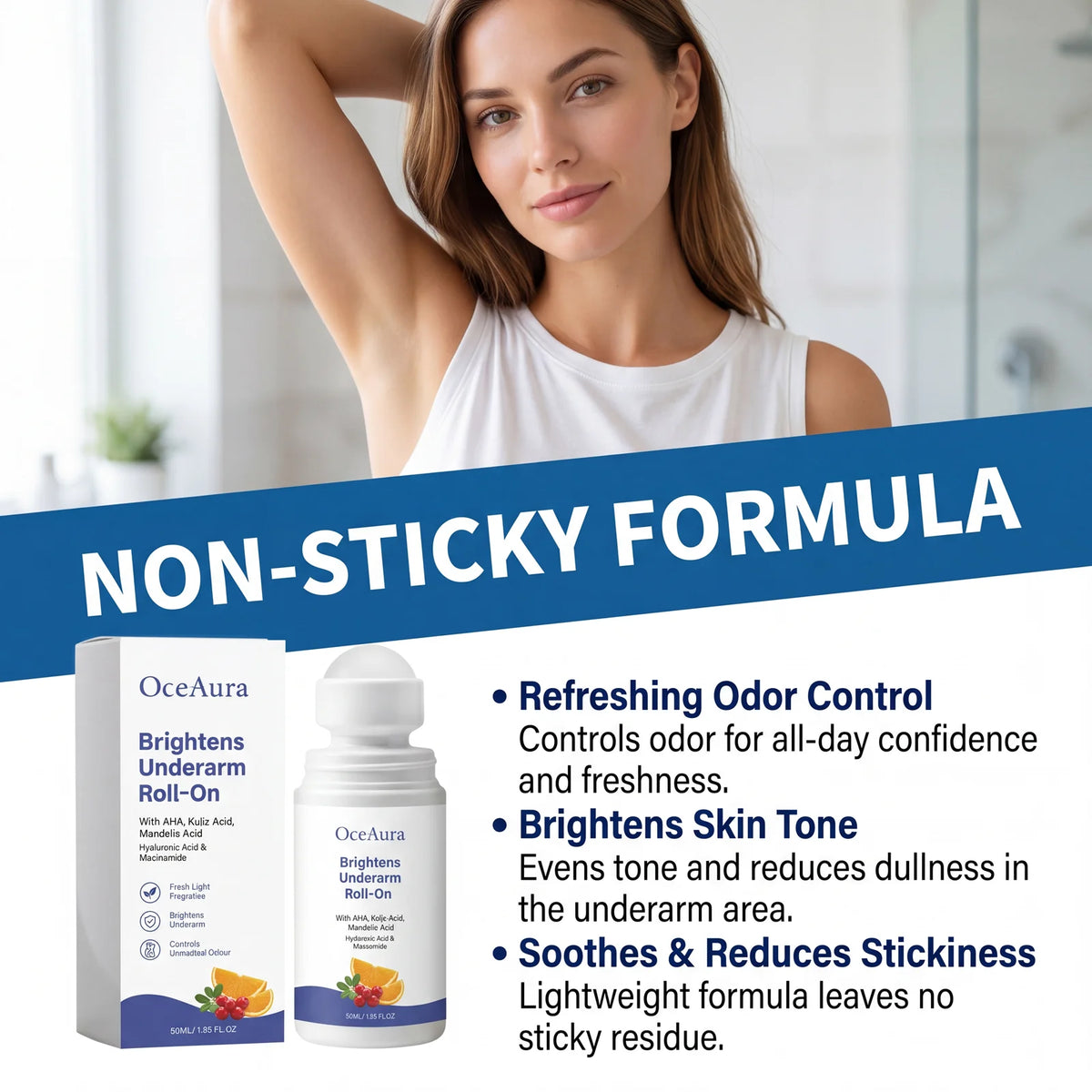 OceAura Kojic Acid Underarm Brightening Deodorant Roller Refresh Body Odor Improve Dark Armpits Underarm Care Roll‑on Deodorant