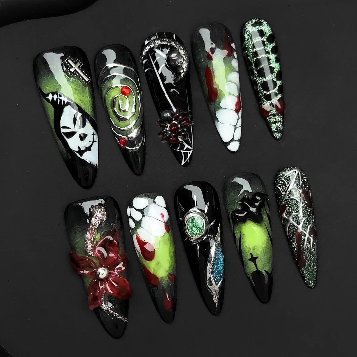 10pcs/Set Handmade acrylic press on nails Long high-heeled finger nails，halloween nails , Bloody Forest Hand-Painted Ghost Fake