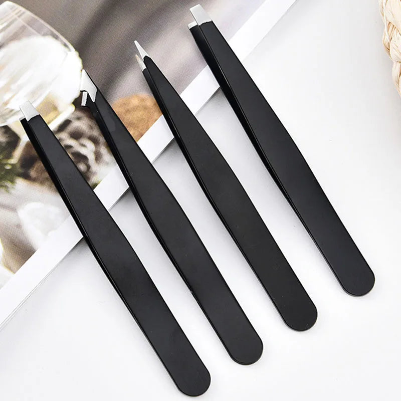 4Pcs Face Hair Removal Eyebrow Tweezers Pincet Clips Stainless Steel Lash Extension Tweezers Slant and Flat Point Beauty Tools