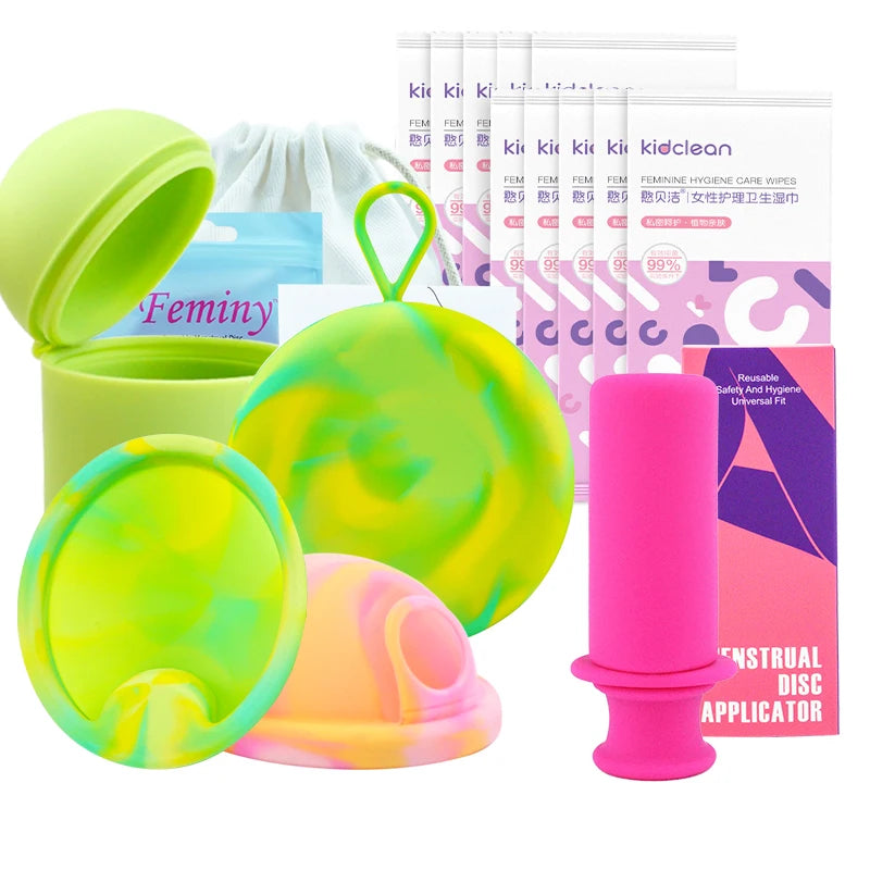 Feminy Menstrual Disc Kit Medical Grade Reusable Soft Silicone Period Disc with Sterilizer Case Applicator Leakproof Monthly Cup