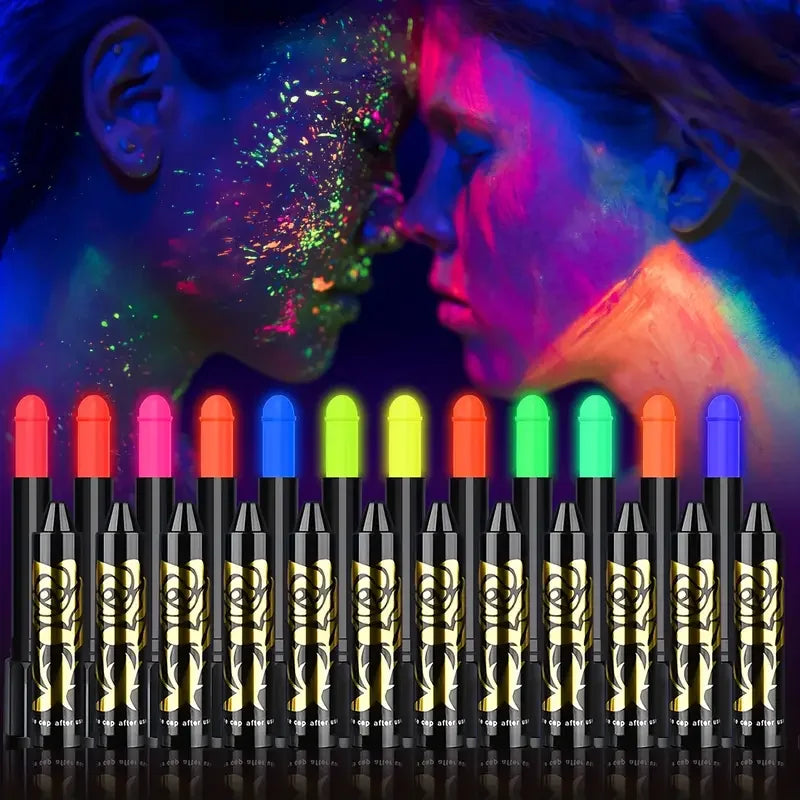 12 Pieces UV Neon Face Painting, Glow in the Dark Under UV Lights Face Painting Crayon SticksMardi Gras Party Halloween Makeup