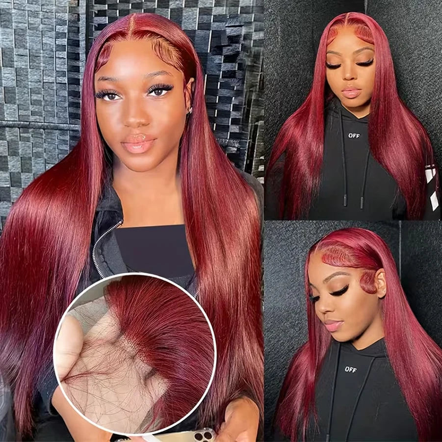 22 Inch 200% Density 13x4 HD Lace Front Wigs Human Hair 99J Straight Lace Front Wigs Human Hair Wig for Women with Baby Hair