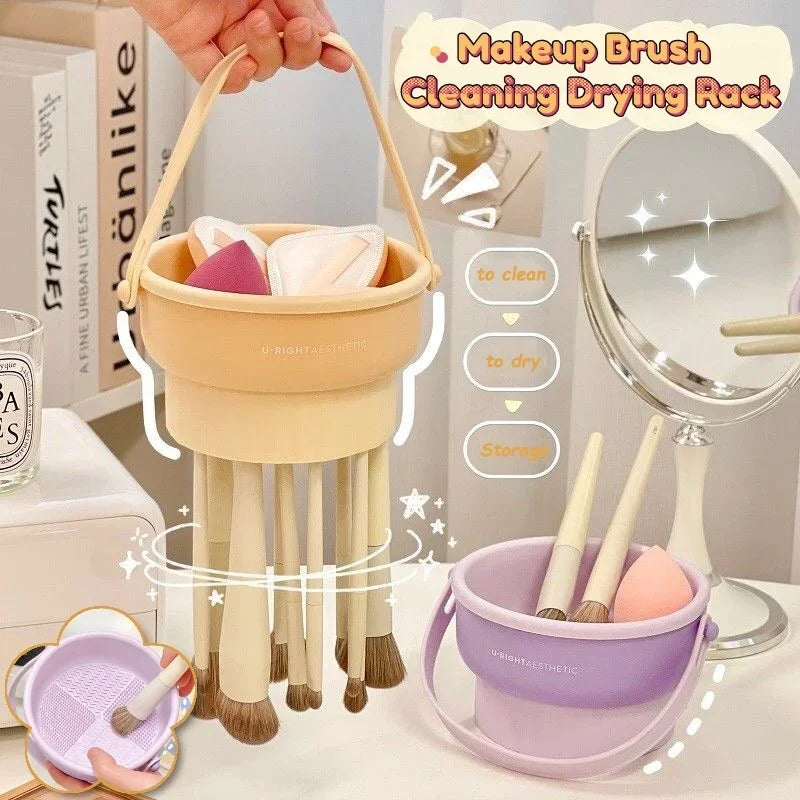 3-In-1 Silicone Makeup Brush Cleaner Mat & Drying Rack - Cosmetic Brush Cleaning & Air Dry Tool, Beauty Tool Organizer Kit