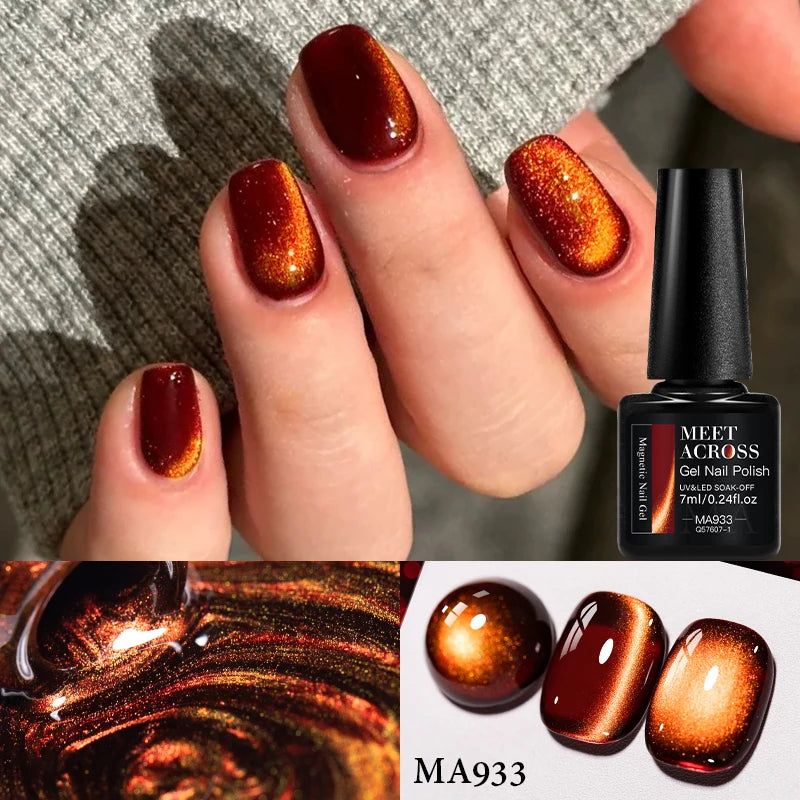 MEET ACROSS 7ml Autumn Dark Color Cat Magnetic Gel Nail Polish Glass Beads Cat Eye Gel With Glitter Nail Art Christmas Nails