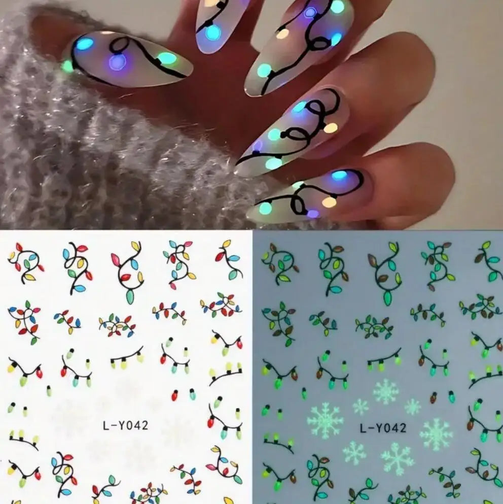 3D New Luminous Colored Light Bulbs Christmas Tree Nail Art Stickers Noctilucent Lanterns Snowflakes Santa Claus Nail Decals