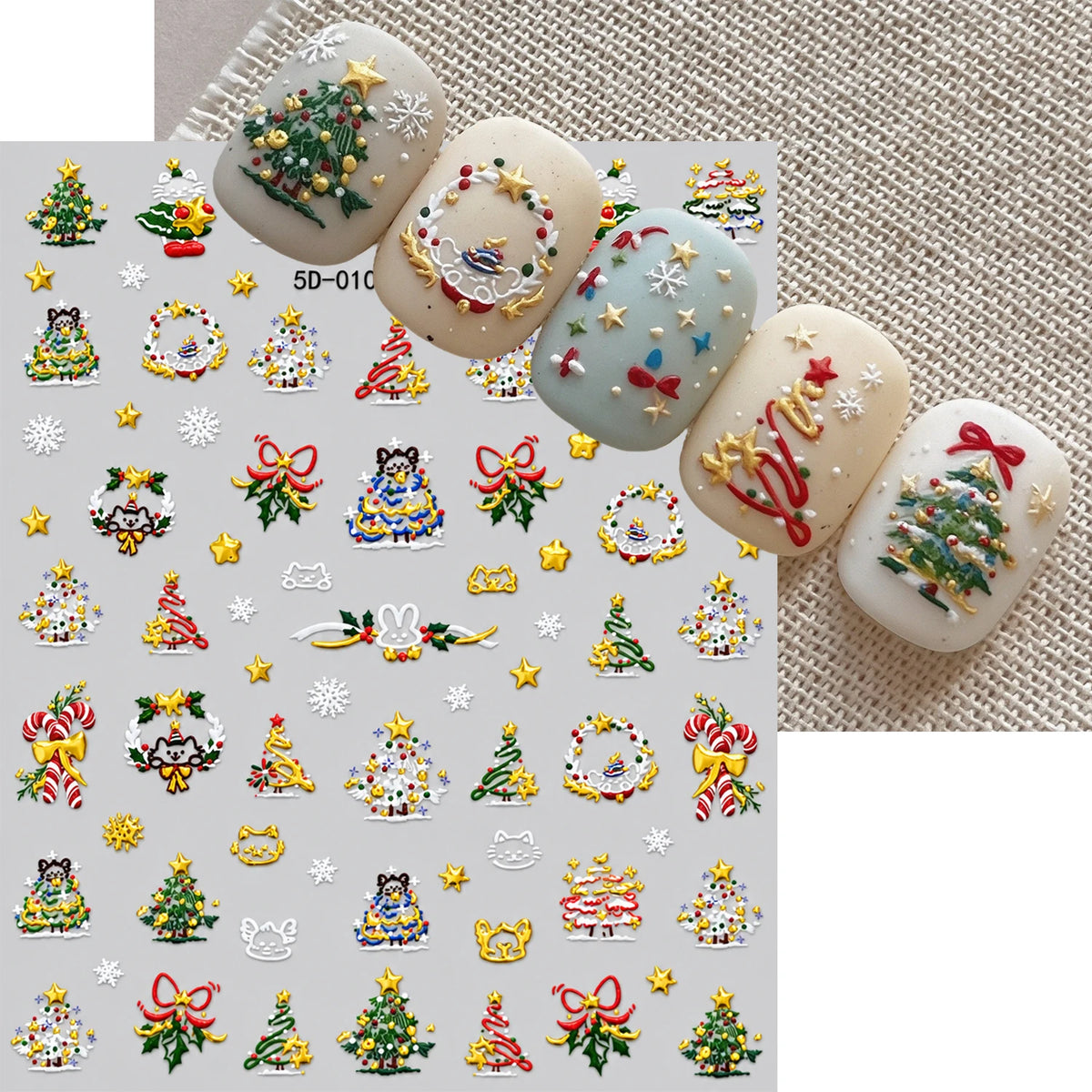 1pcs Gold-foiled Christmas Tree 5D Nail Stickers Bow Holly Snowflake Wreath Christmas Nail Decals Cartoon Merry Christmas Decora