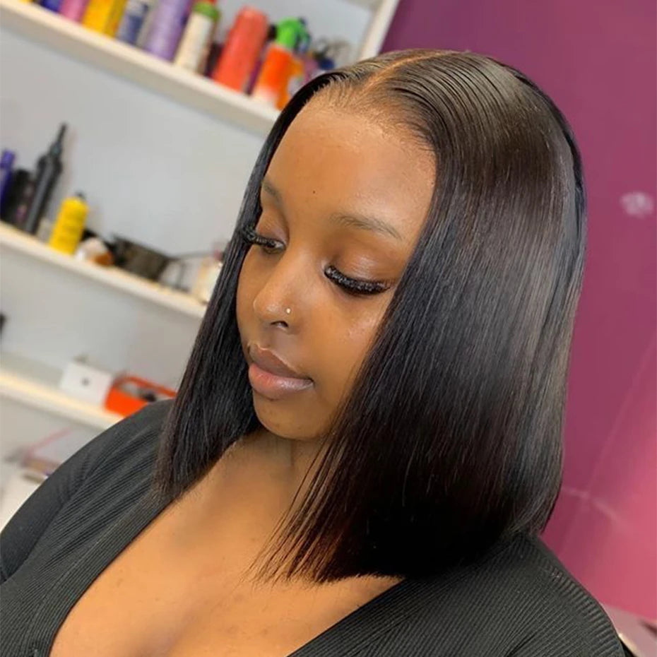 Natural Black Bob Wig Human Hair Blunt Cut Bone Straight 13x4 Transparent Lace Front Wig Ear to Ear Shoulder Length Straight Bob Wigs For Women 250% 280% Density