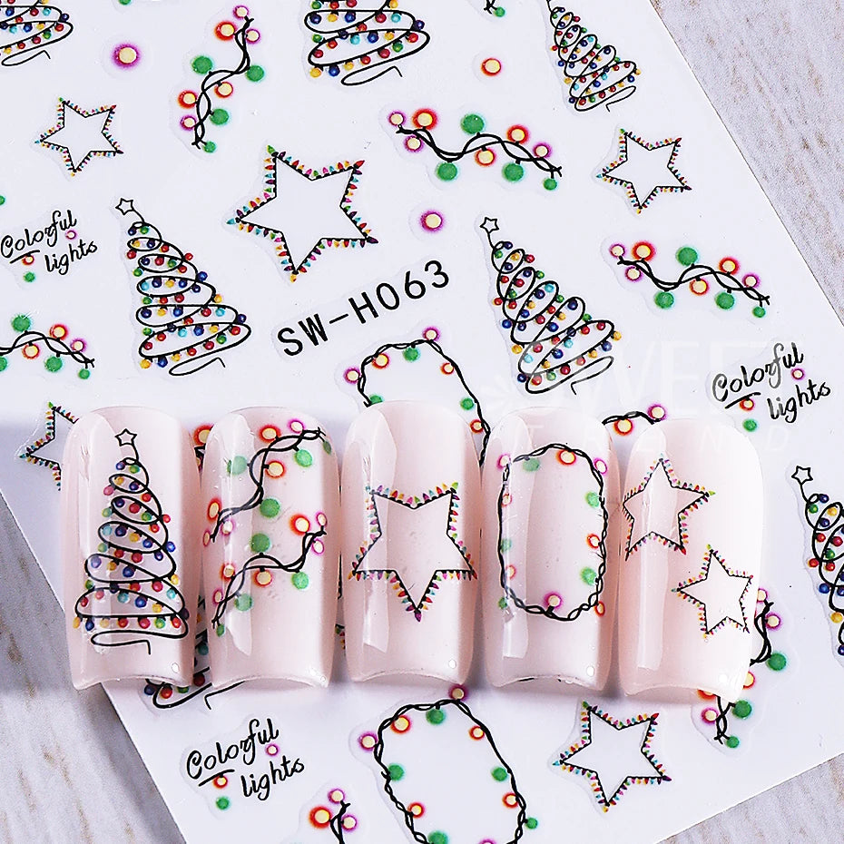 2pcs Glow In The Dark Christmas Nail Stickers Colorful Light Bulb Star Xmas Tree Pattern Nail Decals DIY Manicure Decor Sliders