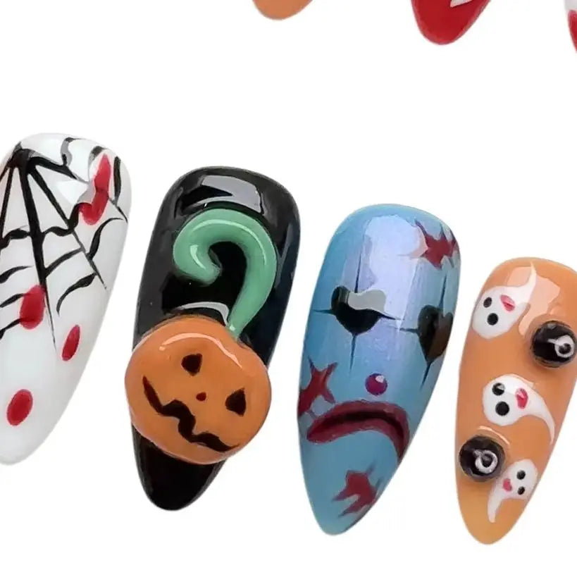 10pcs/Set Handmade Acrylic Press on Nails Mid-Length Almond Nails, Halloween Nails, 3D Pumpkin Spider Bat Ghost Fake Nails