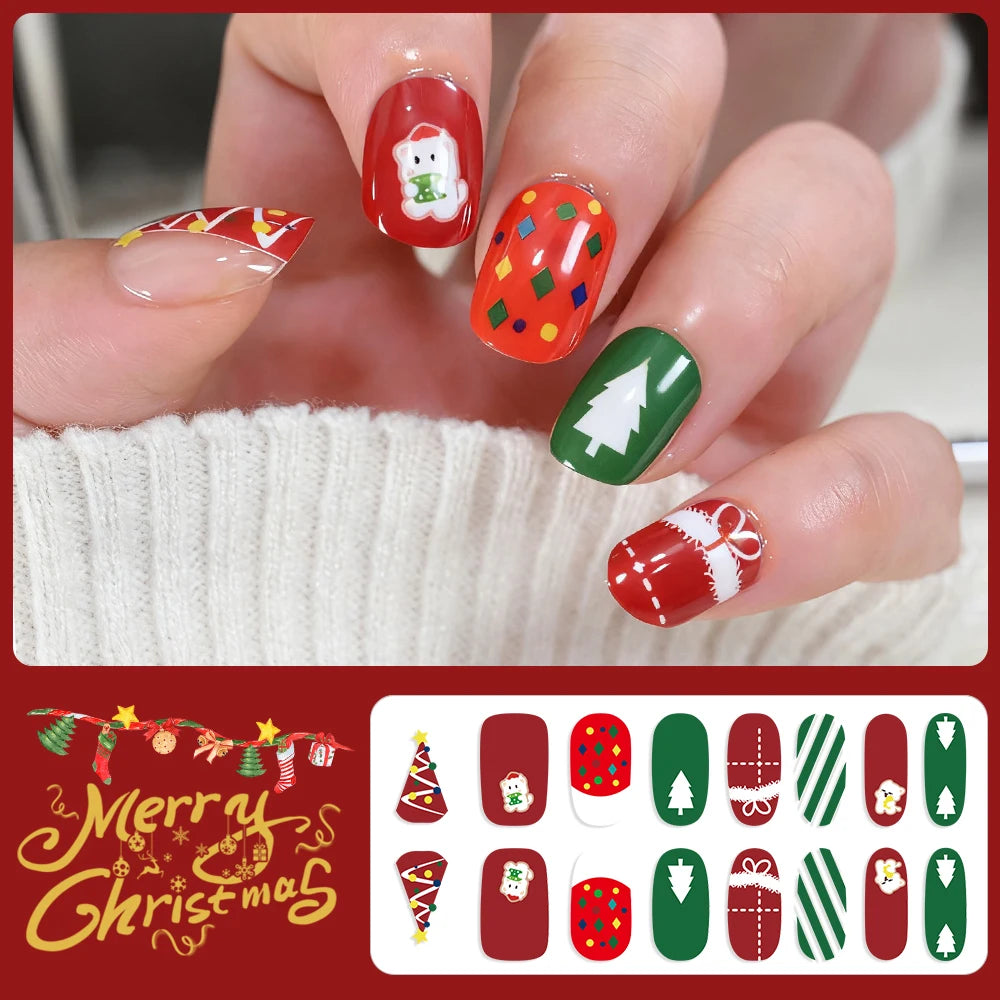 16Tips 3D Full Cover Christmas Series Nail Stickers Adhesive No Light Need Nail Art Wraps Strips Festival Manicure Polish Tips *