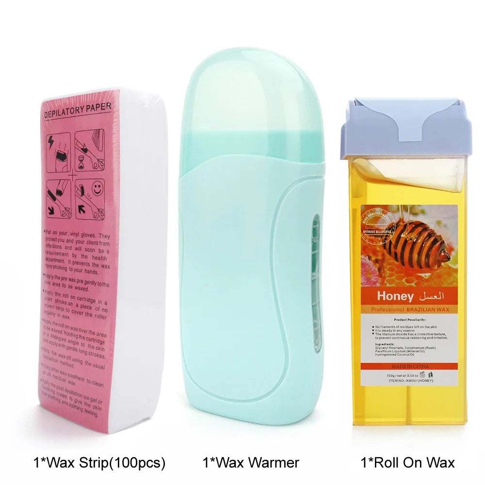 Roll On Waxing Kit With Wax Cartridges and Wax Strips 3 in 1 Soft Wax Heater Kit Hair Removal Wax Paper Waxing Kits Warmer