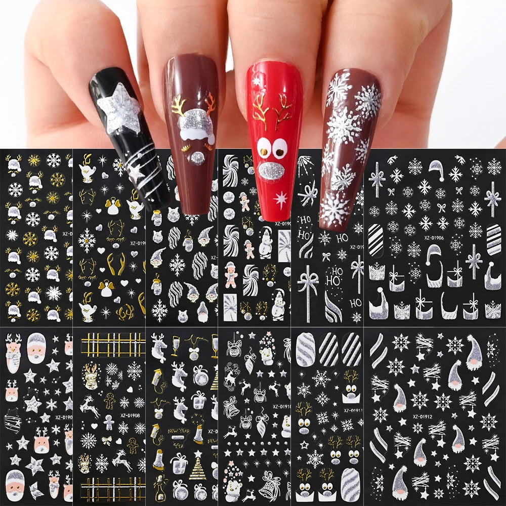 12Pcs Red Glitter Christmas Nail Sticker Gold Silver 3D Santa Claus/Snowflake/Elk/Snowman Winter Nail Decals Xmas Festival Decor
