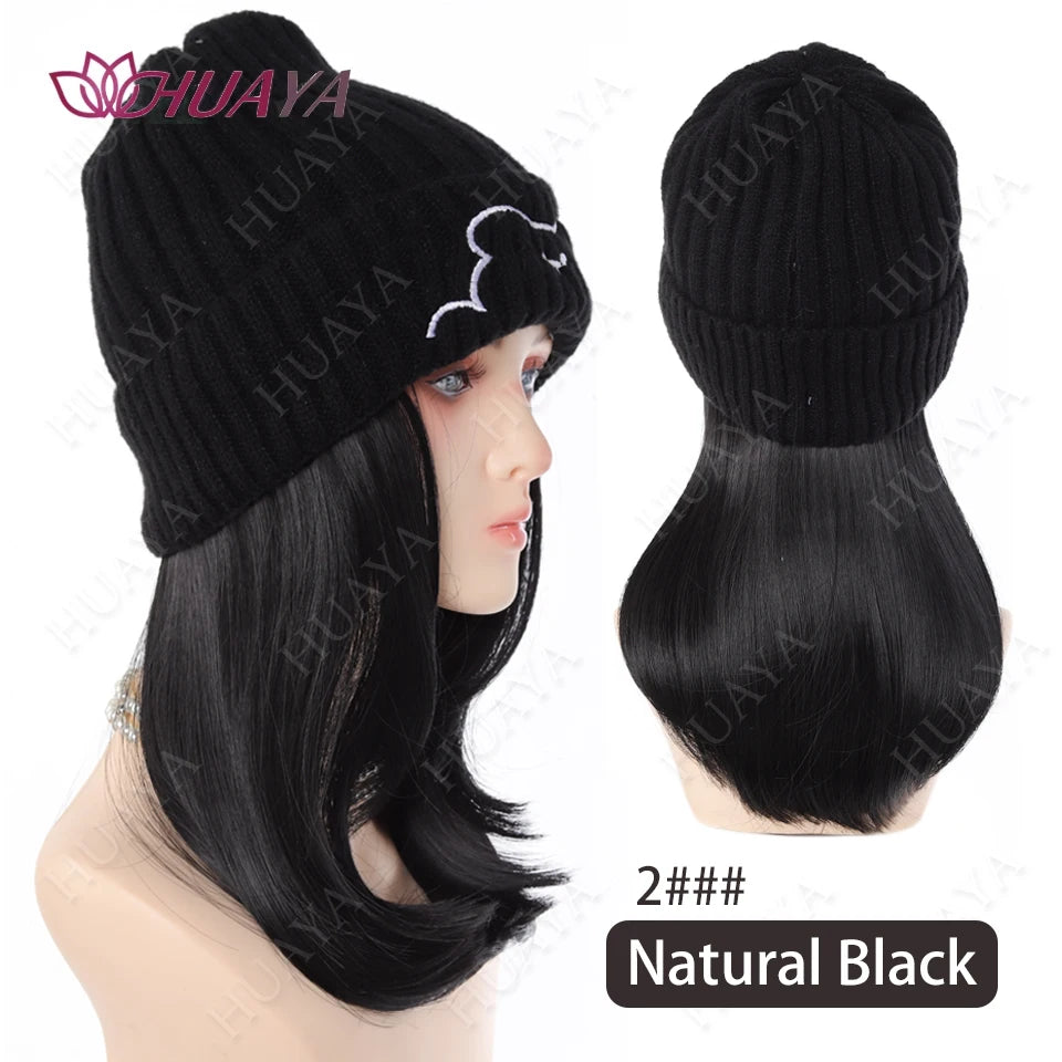 Synthetic Hat Wig Medium Length Straight Hair knitted Hat Wig Hair Extensions Accessories Autumn Winter Cap Warm Velvet Lining