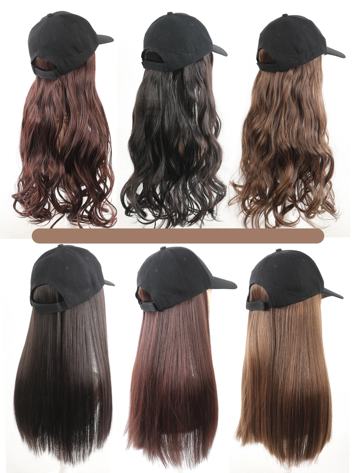 Long Wavy Curly Synthetic Wig Baseball Cap Hair Extensions Hat Wigs Black Brown Adjustable Hairpiece for Women