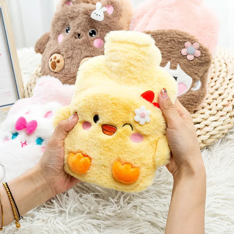 Cute Cartoon Plush Hot Water Bottle, Removable Plush Cover Thick Explosion‑proof PVC Hot Water Bag Hand Warmer for Winter