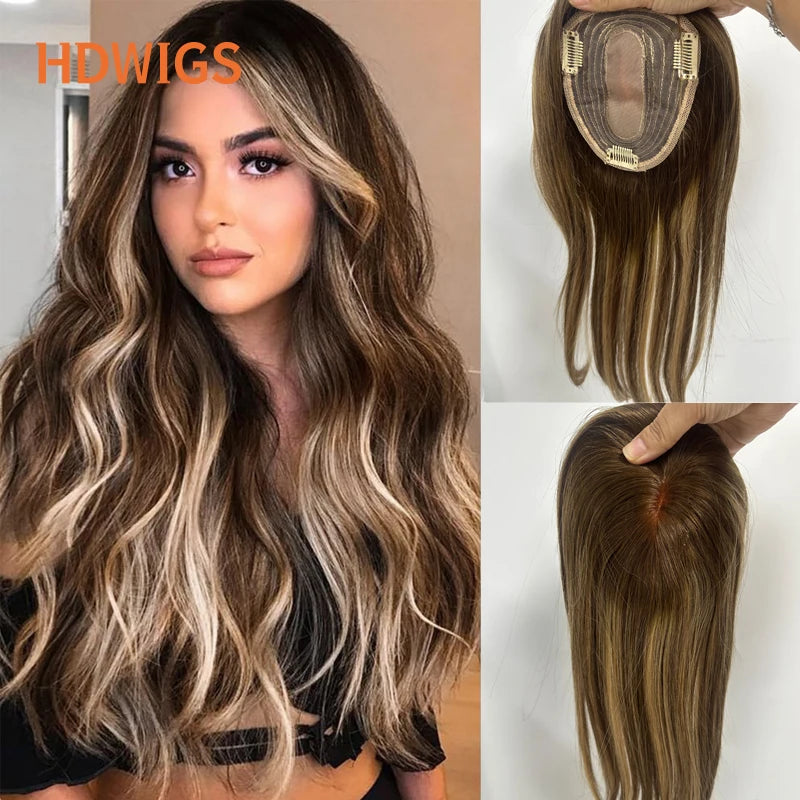 Women Toppers Silk Base Human Hair Wigs Straight Clip in Remy Human Hair Extensions Silk Top Woman Toupee 100% Real Hairpiece