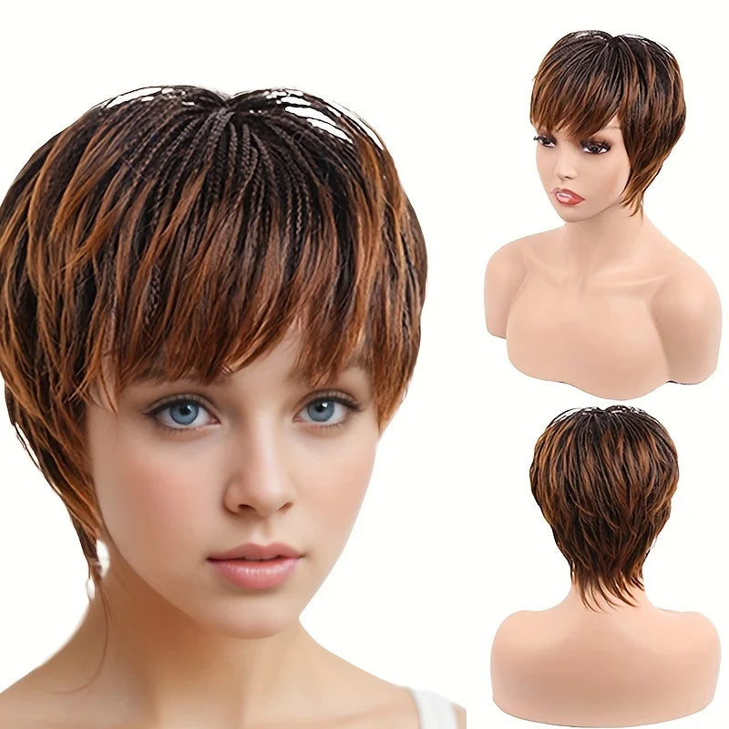 Short Braided Wig for Women, Brown Gradient Layered Bob Wig with Breathable Inner Cap, Synthetic Heat-Resistant Fiber Wig