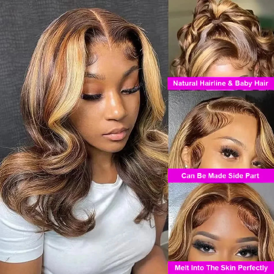 Honey Blonde Bob Wig Human Hair 14 Inch 13x4 Body Wave 4/27 Highlight Ombre HD Lace Front Wigs Human Hair Pre Plucked Glueless Lace Frontal Bob Wigs for Women Colored Wig