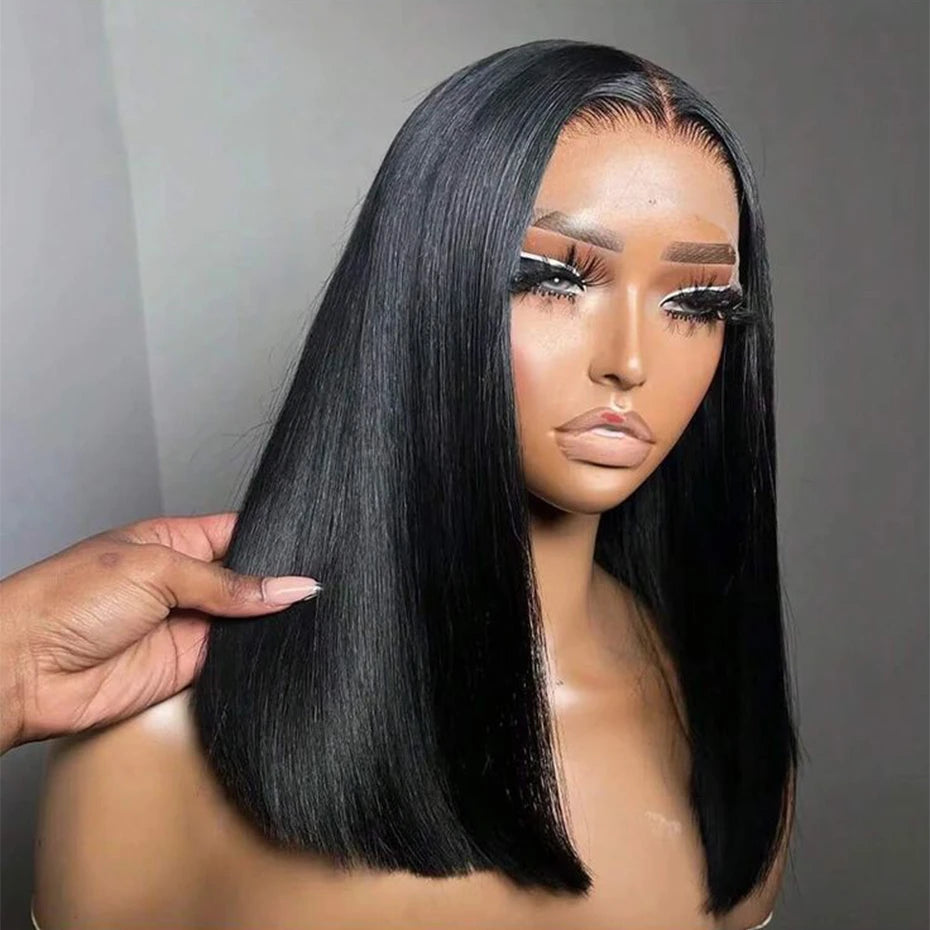 Natural Black Bob Wig Human Hair Blunt Cut Bone Straight 13x4 Transparent Lace Front Wig Ear to Ear Shoulder Length Straight Bob Wigs For Women 250% 280% Density