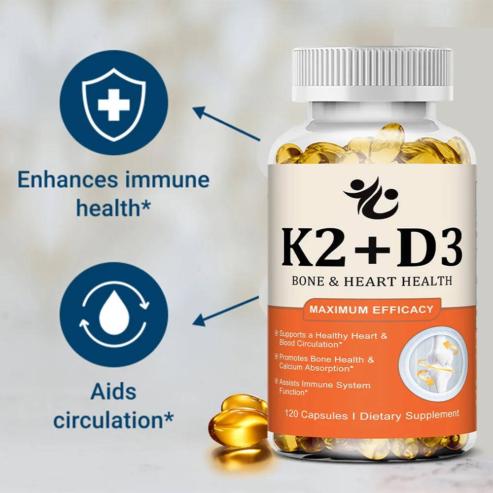 Vitamin D3 + K2 Capsules, Support Calcium Absorption, Bone & Joint Wellness, Cardiovascular Function and Immune System Health