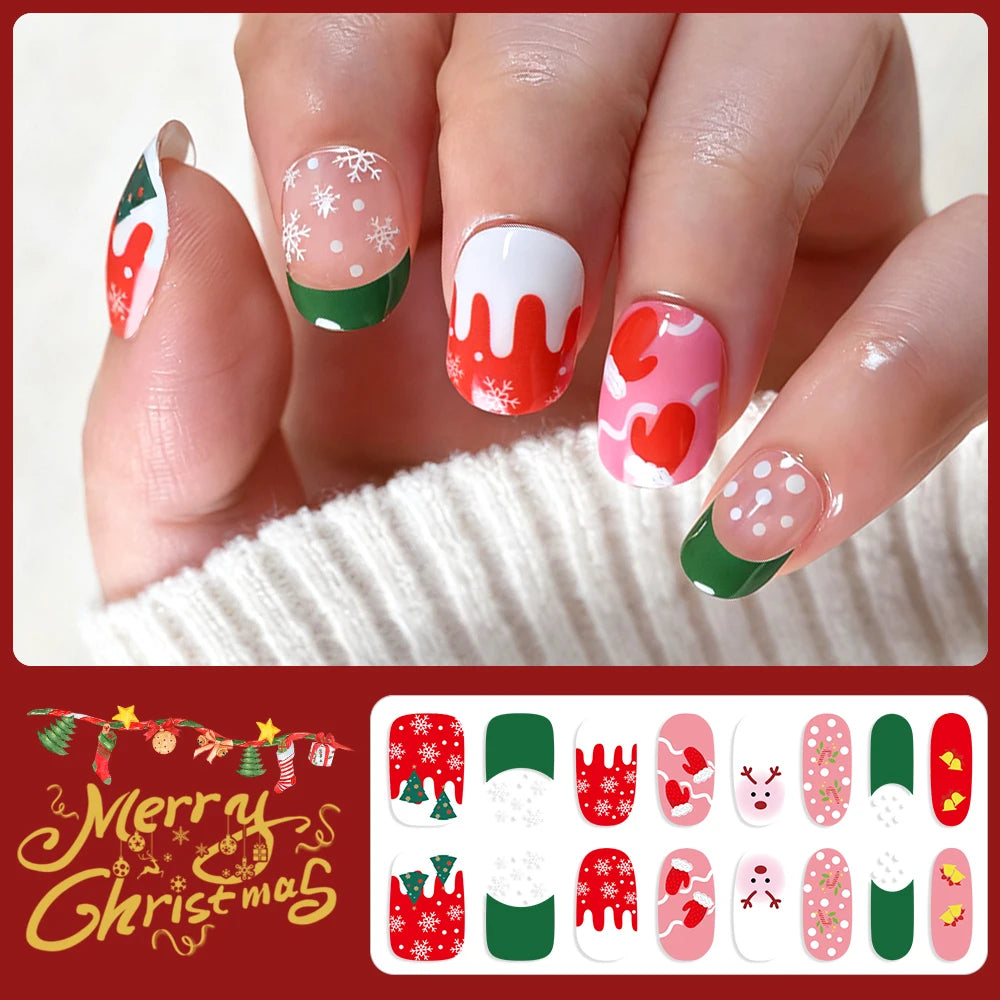 16Tips 3D Full Cover Christmas Series Nail Stickers Adhesive No Light Need Nail Art Wraps Strips Festival Manicure Polish Tips *