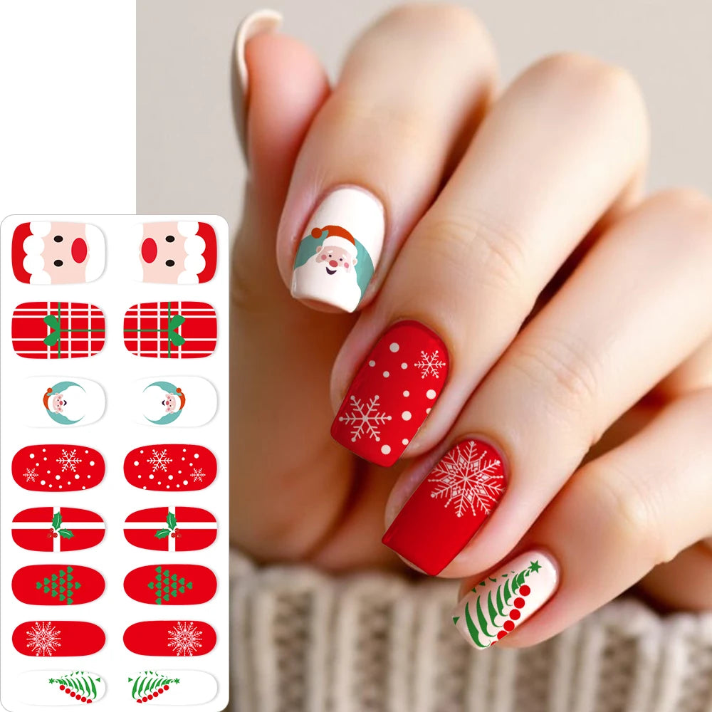 16Tips 3D Full Cover Christmas Series Nail Stickers Adhesive No Light Need Nail Art Wraps Strips Festival Manicure Polish Tips *