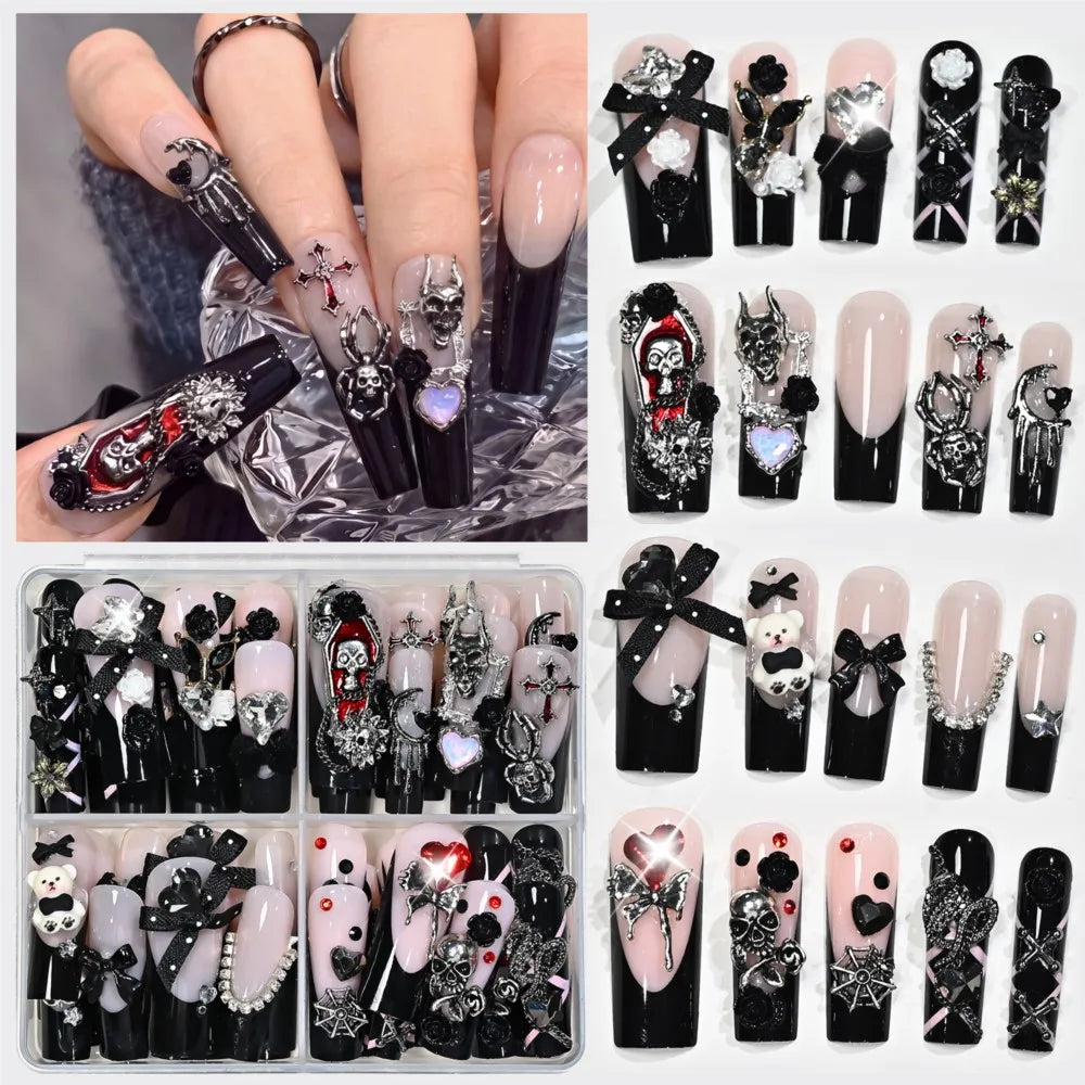 96PC Black French Long Coffin Halloween Press On Nails Y2K Cross Skull Spider Snake Bow False Nails Full Cover French Fake Nails