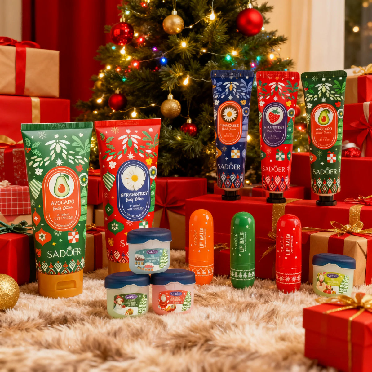 Holiday Christmas Skincare Trio: Moisturizing Hand Cream + Body Lotion + Lip Balm Set |   Festive Fragrance, Soothing for Dry Skin
