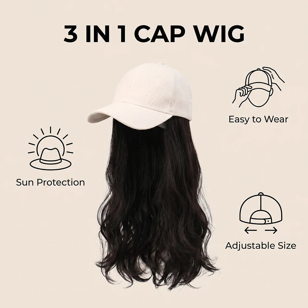 20" Beige Baseball Cap Wig Water Wave Hat Hair Extensions One-Piece Synthetic Hair Women Natural Heat Resistant Daily Outdoor