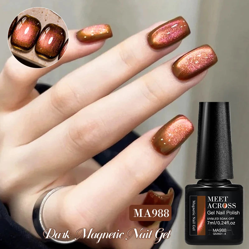 MEET ACROSS 7ml Autumn Dark Color Cat Magnetic Gel Nail Polish Glass Beads Cat Eye Gel With Glitter Nail Art Christmas Nails