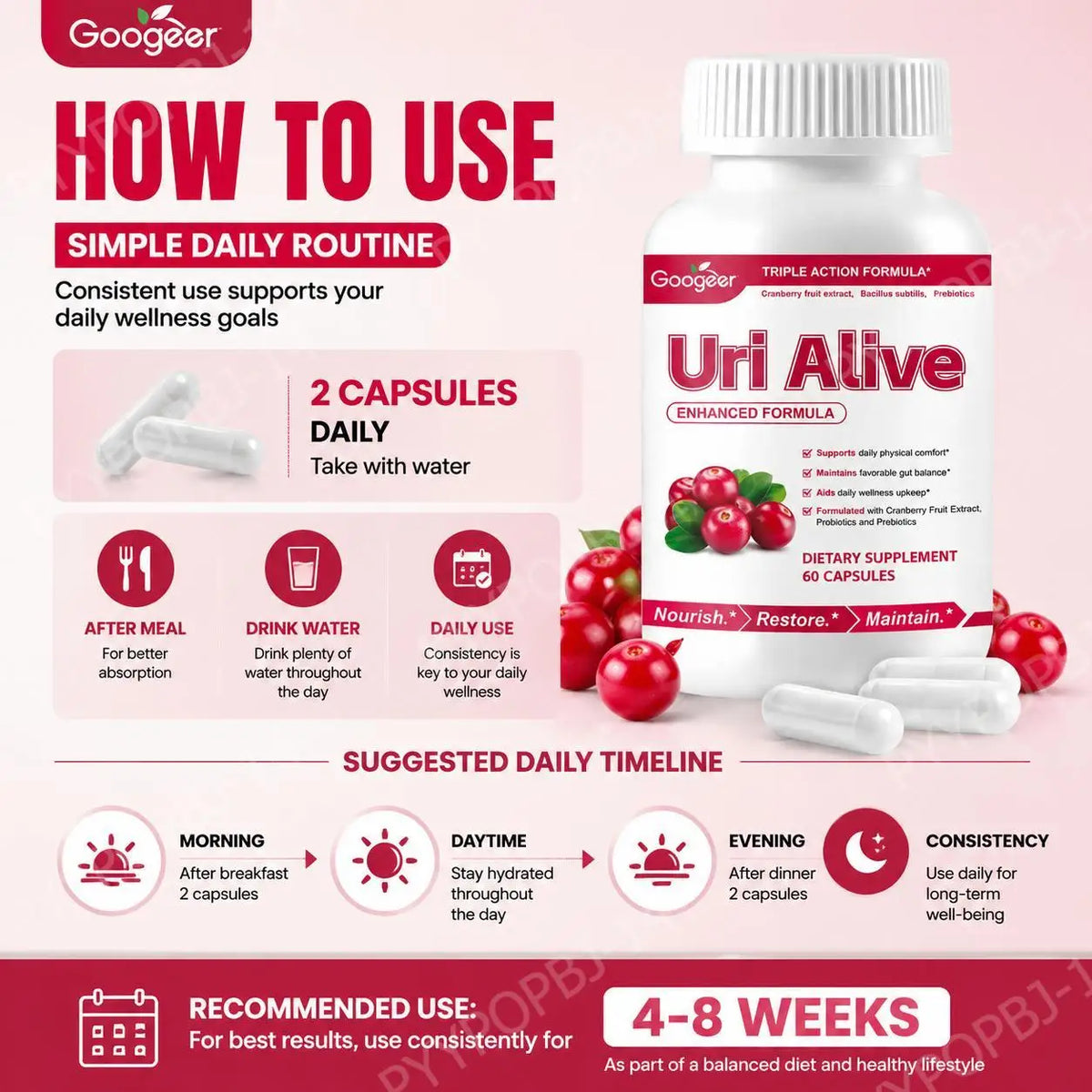 Googeer Uri Alive Triple Action Formula Capsules with Vitamin C, D-Mannose and Cranberry Extract for Urinary Support 60 Capsules